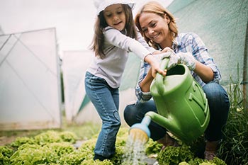 Mutter terminiert mit Tochter Aufgaben im Garten und gießt Pflanzen Mutter terminiert mit Tochter Aufgaben im Garten und gießt Pflanzen
