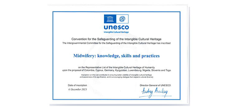 Urkunde der UNESCO Auszeiuchnung des Hebammenwesens zum Kulturerbe der Menschheit Urkunde der UNESCO Auszeiuchnung des Hebammenwesens zum Kulturerbe der Menschheit