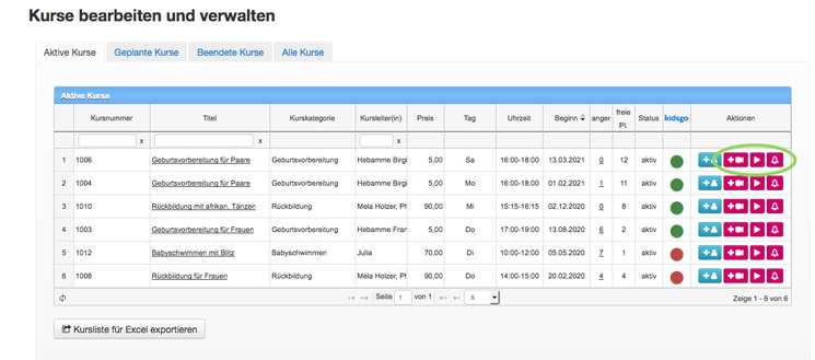 kivi Magenta-Buttons in Kursliste