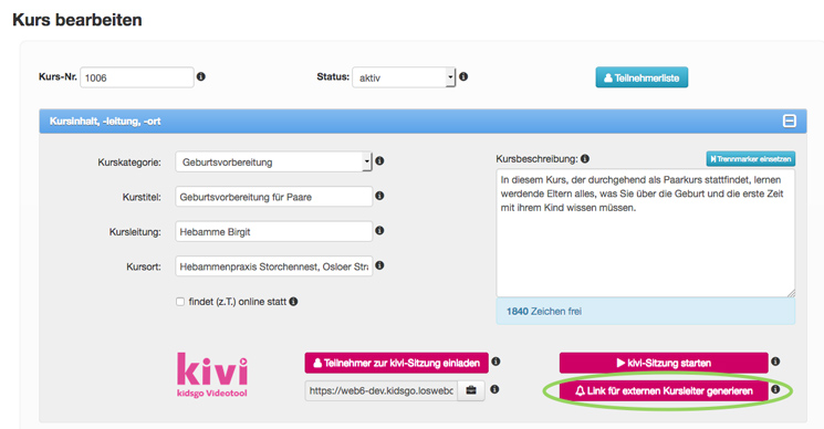 Link für externen Kursleiter generieren