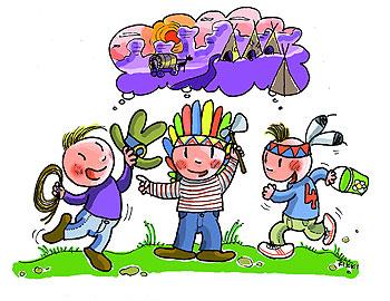 Comiczeichnung Kinder spielen draußen Cowboy und Indianer Comiczeichnung Kinder spielen draußen Cowboy und Indianer